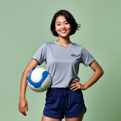 Asian woman holding soccer ball