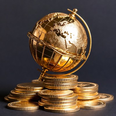 Golden Globe on Stack of Gold Coins