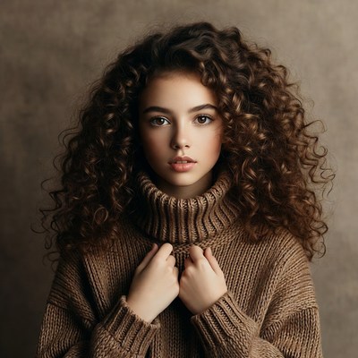 Girl with curly hair in turtleneck sweater
