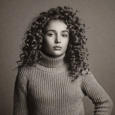Young woman with curly hair in turtleneck