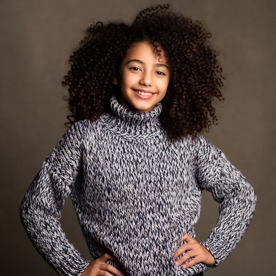 Smiling girl with curly hair in turtleneck