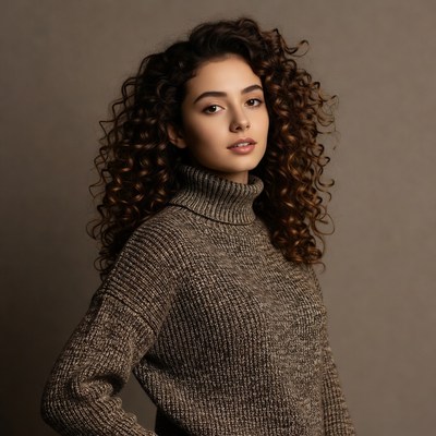 Woman with curly hair in turtleneck sweater
