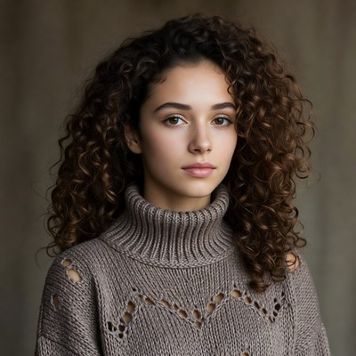 Young woman with curly hair in sweater
