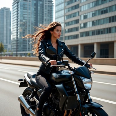 Woman riding black motorcycle in city