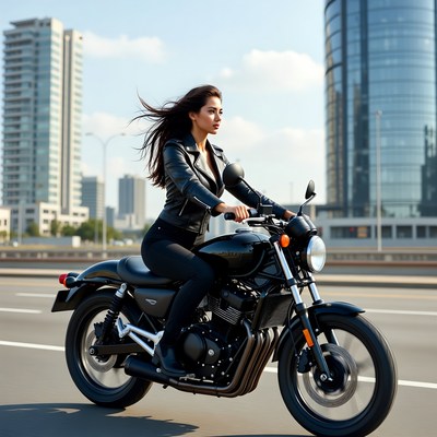 Asian woman riding black motorcycle