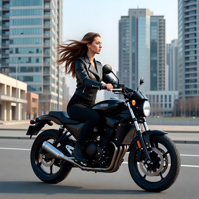 Woman riding black motorcycle in city