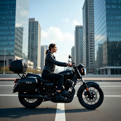 Woman riding black motorcycle city street
