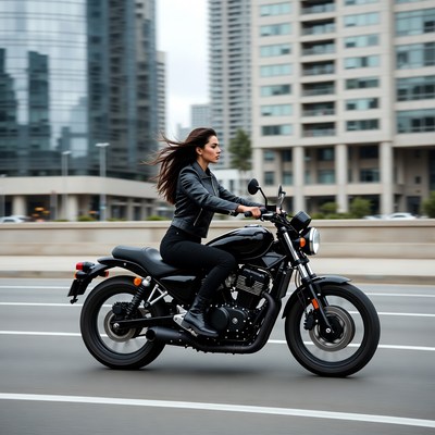 Woman riding black motorcycle city street