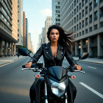 Brunette woman riding motorcycle in city