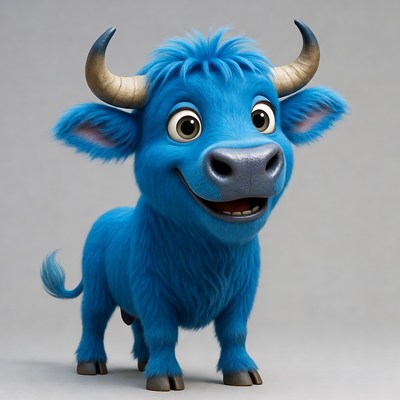 Cute blue cartoon bull smiling