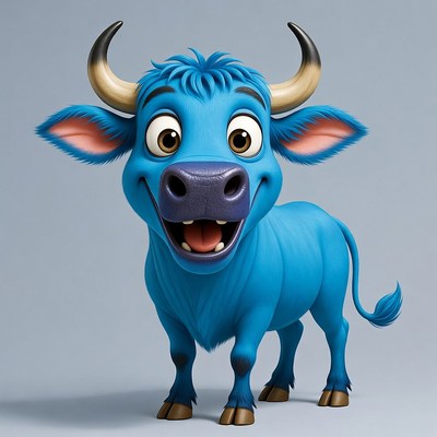 Cartoon Blue Bull Smiling
