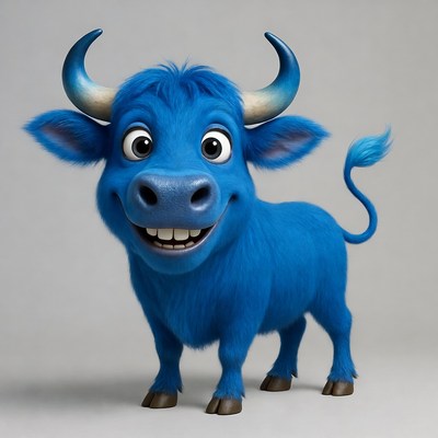 Cute Blue Cartoon Bull Smiling