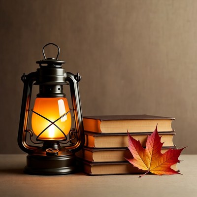 Vintage Lantern with Books and Autumn Leaf