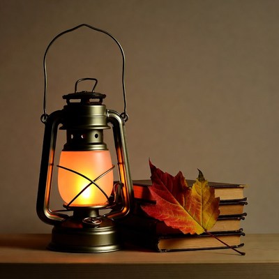 Vintage Lantern with Autumn Leaves and Books