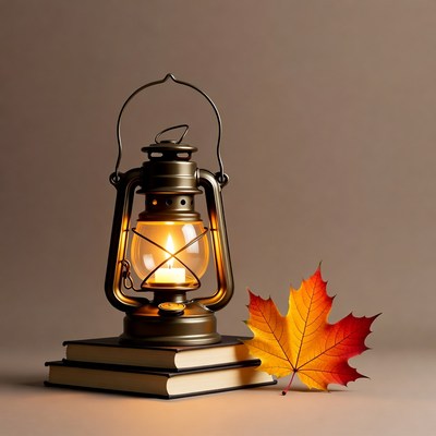 Lit Lantern with Autumn Leaf and Books