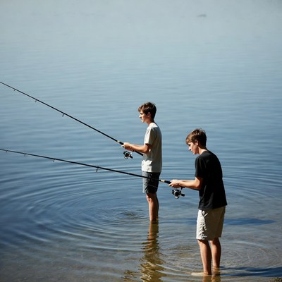 Two boys fishing in shallow lake