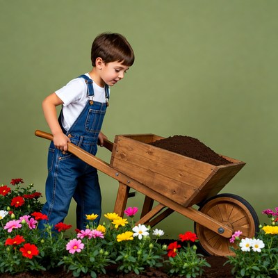 Boy pushing wheelbarrow with dirt