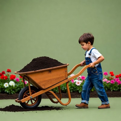 Boy pushing wheelbarrow with dirt