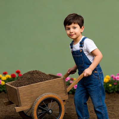 Boy pushing wheelbarrow with dirt