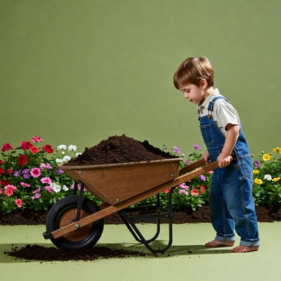Boy pushing wheelbarrow with dirt