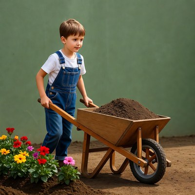 Boy pushing wheelbarrow with dirt