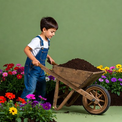 Boy pushing wheelbarrow with dirt