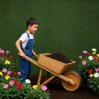 Boy pushing wheelbarrow with dirt