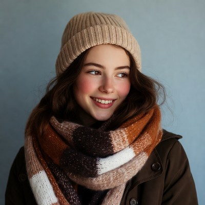 Smiling woman in beanie and scarf