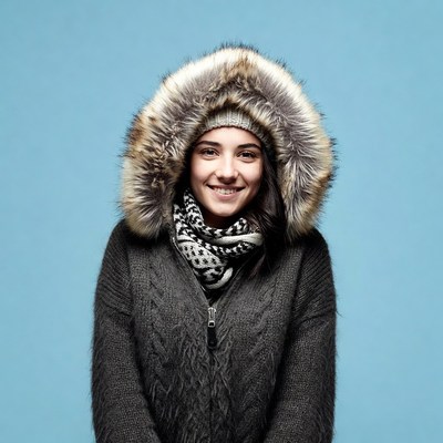 Smiling woman in fur hood jacket