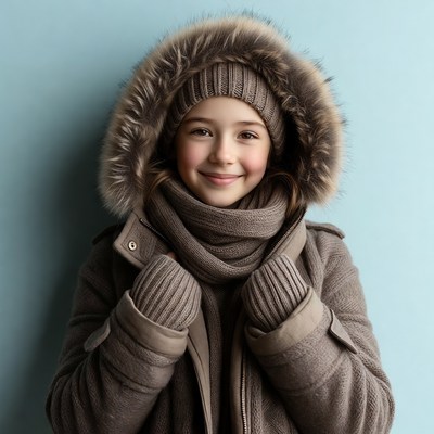Girl smiling in fur hooded winter coat