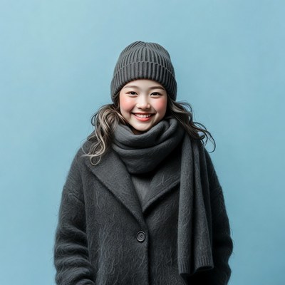 Asian girl smiling in gray beanie scarf coat