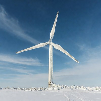 Icy Wind Turbine in Snowy Field