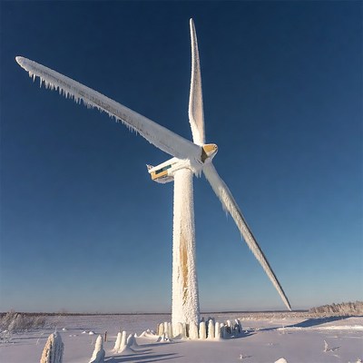 Icy Wind Turbine in Snowy Field