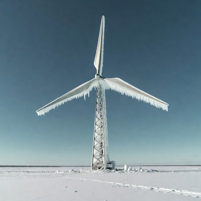 Icy Wind Turbine in Snowy Landscape