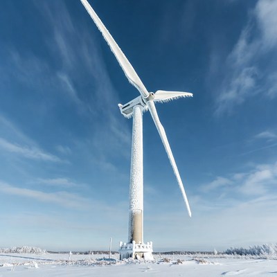 Icy Wind Turbine in Snowy Field
