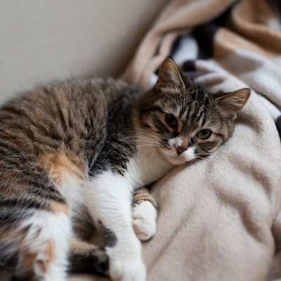 Tabby kitten lounging on bed