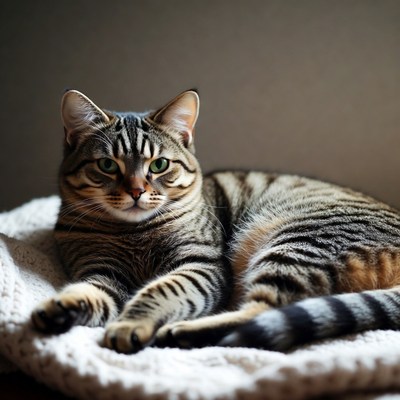 Tabby cat lounging on white blanket