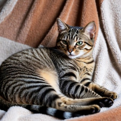 Tabby kitten lounging on blanket