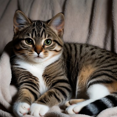 Tabby kitten lounging on blanket