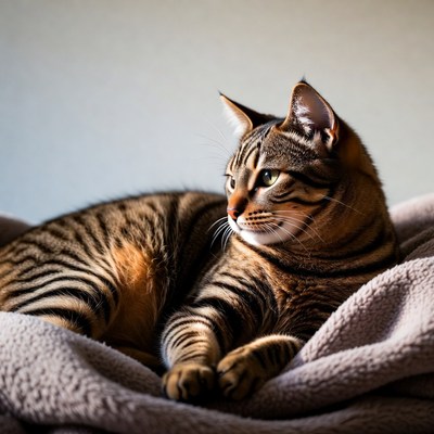 Tabby cat lounging on blanket