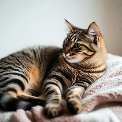Tabby cat lounging on pink blanket