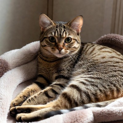 Tabby cat lounging in bed
