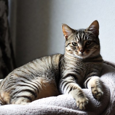 Tabby cat lounging on bed