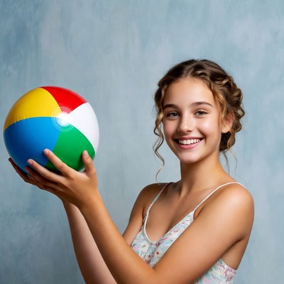 Girl holding colorful beach ball