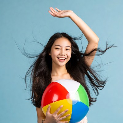 Asian girl holding beach ball
