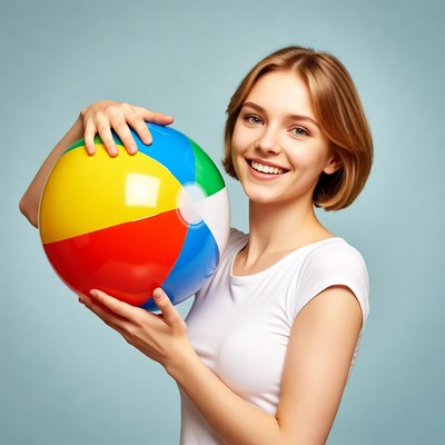 Woman holding colorful beach ball