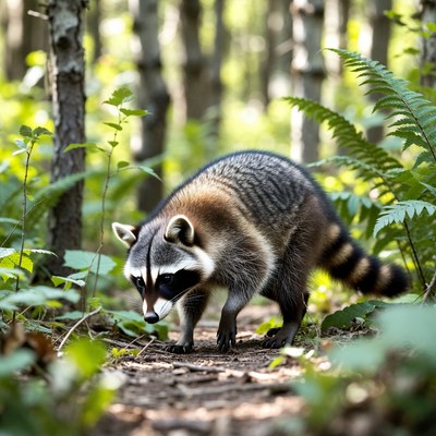 Raccoon walking in forest