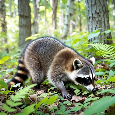 Raccoon foraging in green forest