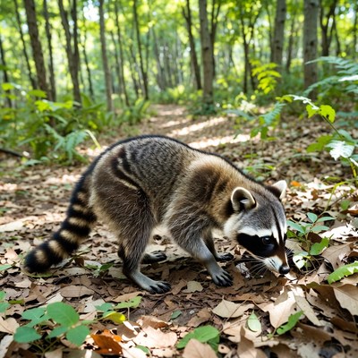 Raccoon foraging in forest trail