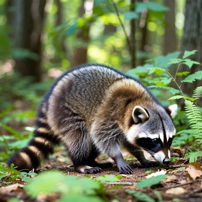 Raccoon foraging in green forest
